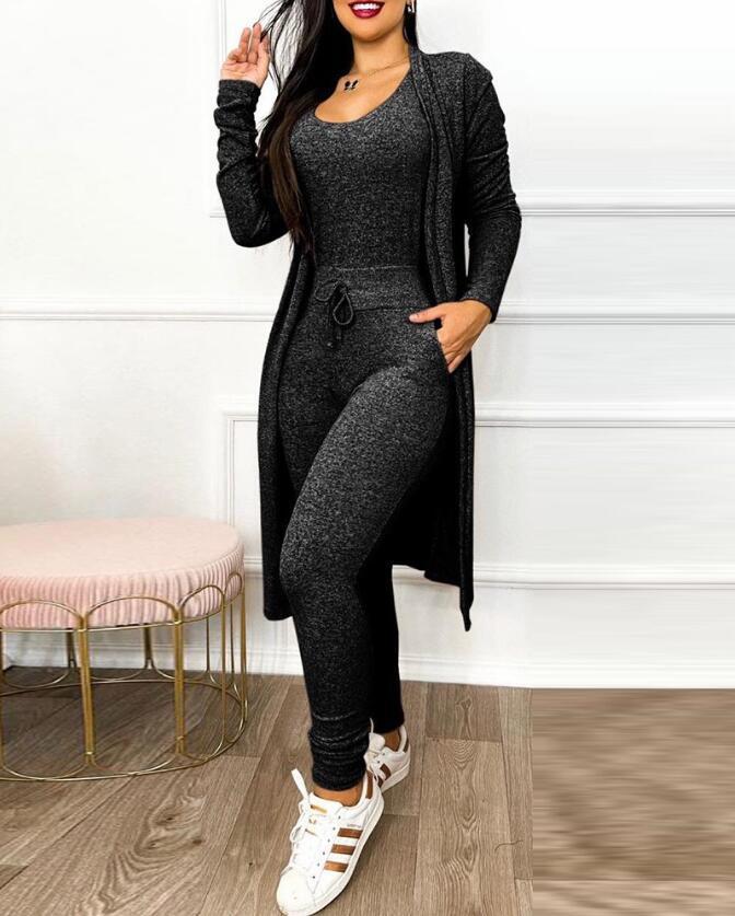 Women's Casual 2-Piece Set – High-Waist Jumpsuit with Drawstring Pockets & Matching Cardigan Cover