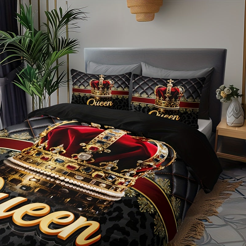 3pcs Crown Queen Leopard Print Quilt Cover Set