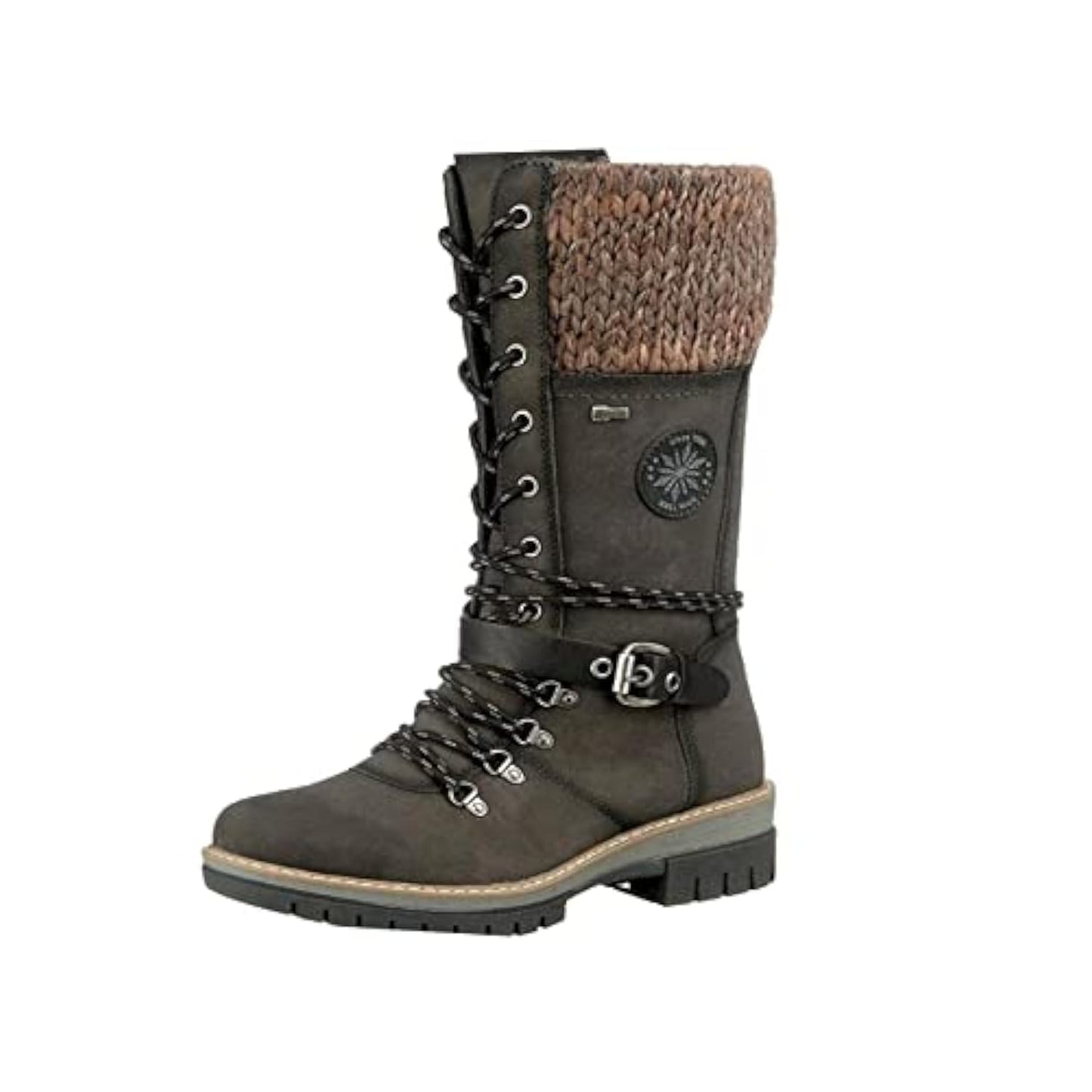 AngryMonkey Women's Winter Warm Mid-Calf Snow Boots,Knitted Suede Splicing Lace-up Non-Slip Waterproof Outdoor Casual Booties