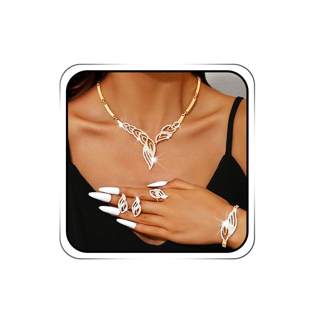 Sixexey Gold Rhinestone Jewelry Set Leaf Jewelry Prom Wedding Neck Jewelry for Women