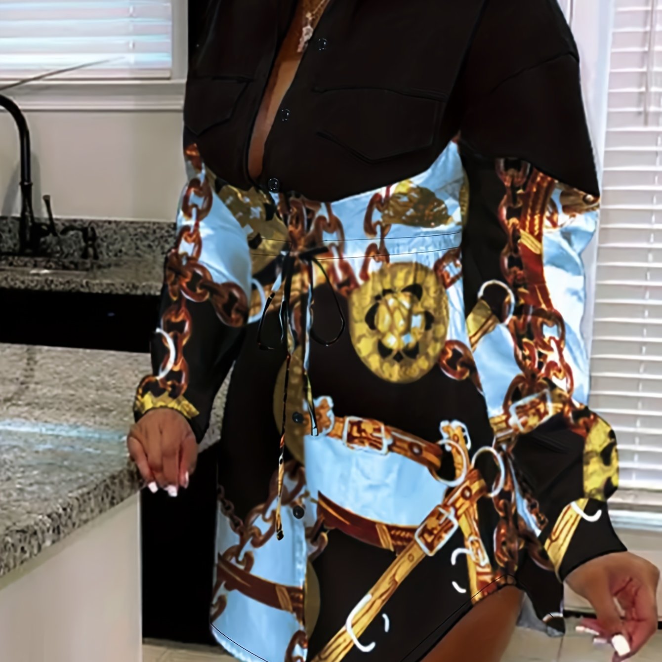 Plus Size Women’s Chic V-Neck Color block Baroque Print Shirt Dress