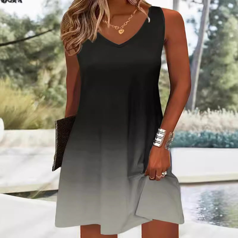 Printed Fashion Casual Sleeveless V-neck Gradient Color Strap Dress