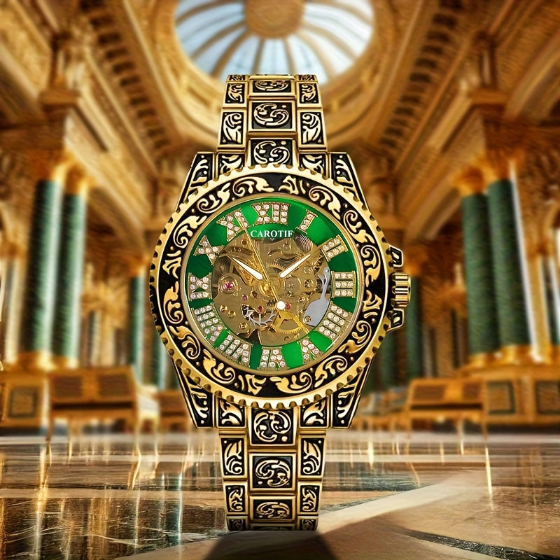 1pc Men's Red Steel Belt Retro Style Mechanical Watch – Luminous & Carved Design