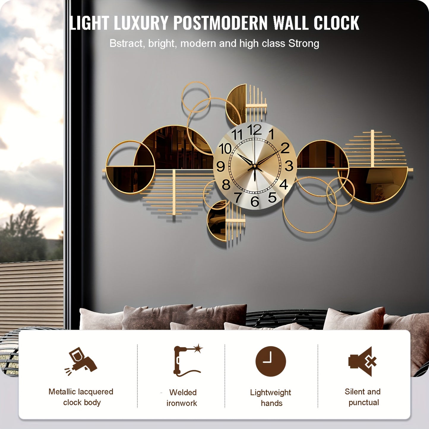 Large 31" x 17" Silent Modern Metal Wall Clock | 3D Decorative Wall Timepiece