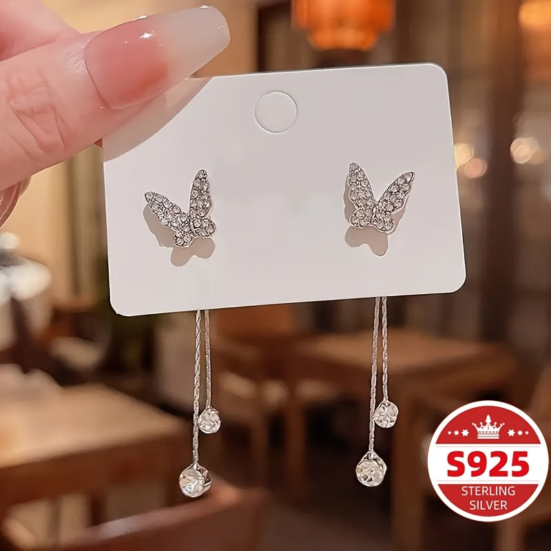S925 Sterling Silver Butterfly Tassel Earrings
