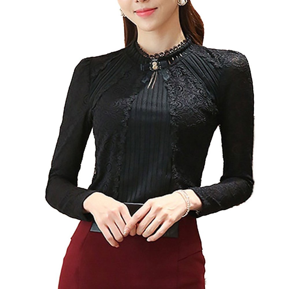 SansoiSan Women's Vintage Beaded Buttons Pleated Shirt Long Sleeve Lace Stretchy Blouse