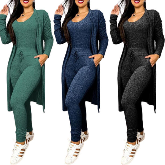 Women's Casual 2-Piece Set – High-Waist Jumpsuit with Drawstring Pockets & Matching Cardigan Cover