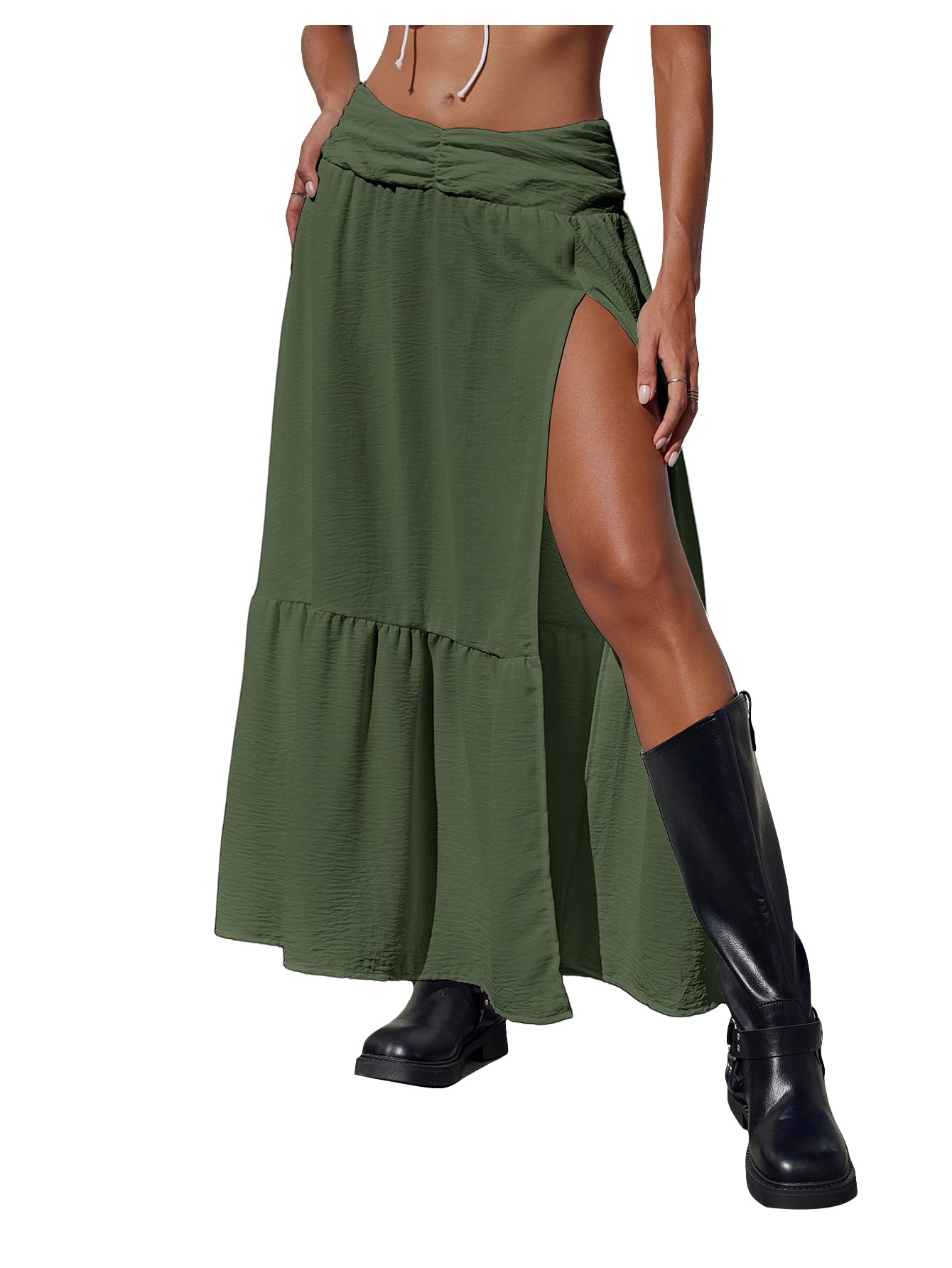 SHENHE Women's Summer Low Rise Maxi Skirt High Slit Ruffle Hem Flowy Boho Long Skirt