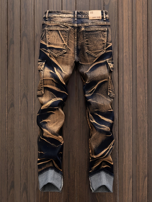 Men’s Straight Cut Ripped Camouflage Jeans – Designer Streetwear Style