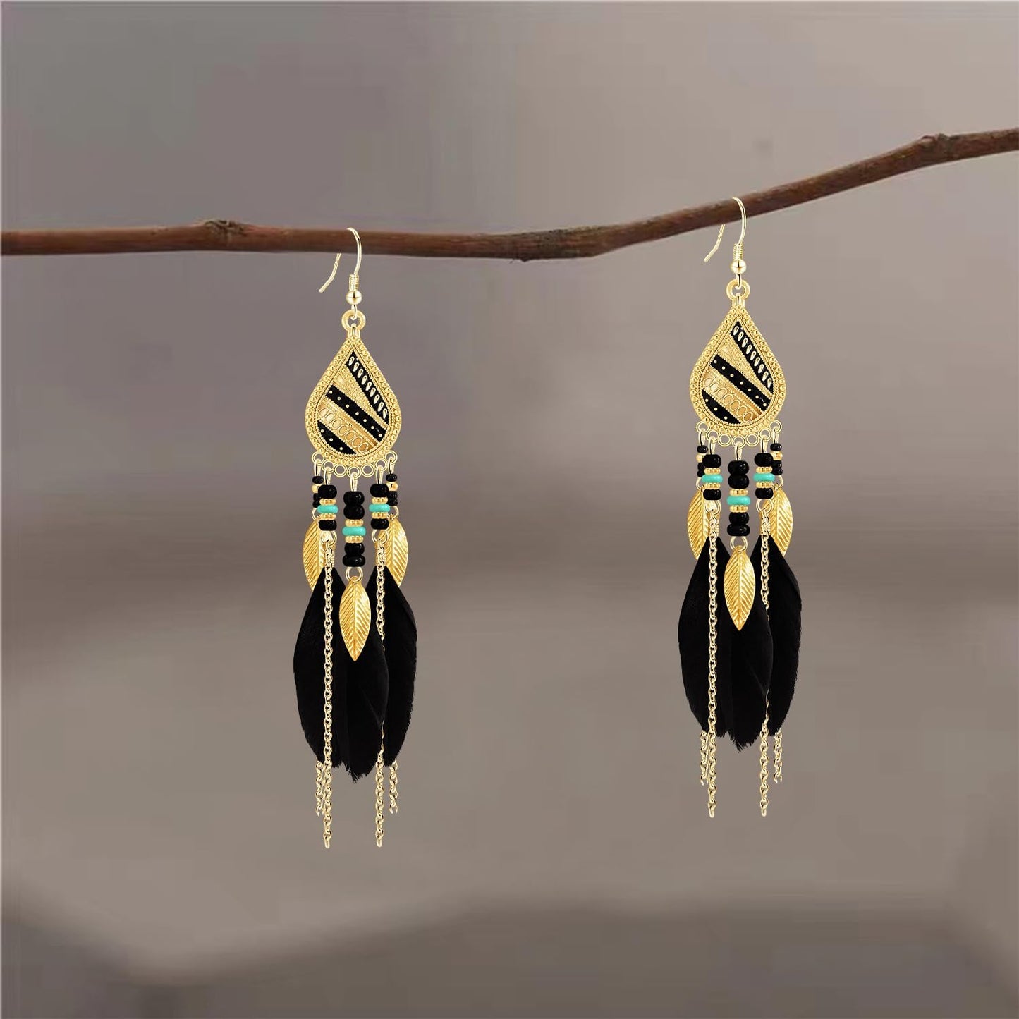 Bohemian National Style 14K Gold Teardrop Feather Fringe Lightweight Dangle Drop Earrings Retro Tassel Beaded Hook Earrings For Women Jewelry Gifts