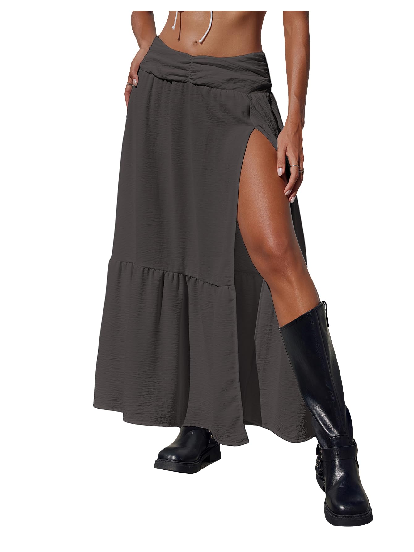 SHENHE Women's Summer Low Rise Maxi Skirt High Slit Ruffle Hem Flowy Boho Long Skirt