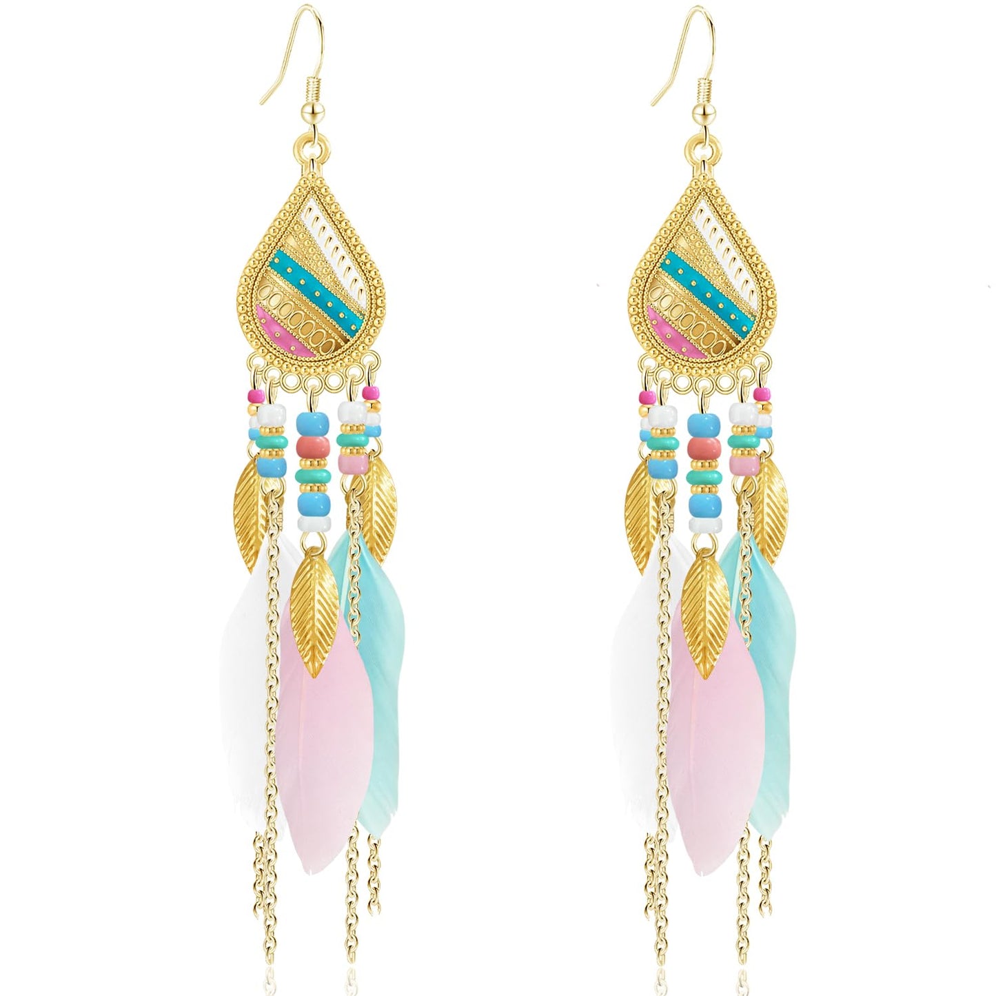 Bohemian National Style 14K Gold Teardrop Feather Fringe Lightweight Dangle Drop Earrings Retro Tassel Beaded Hook Earrings For Women Jewelry Gifts