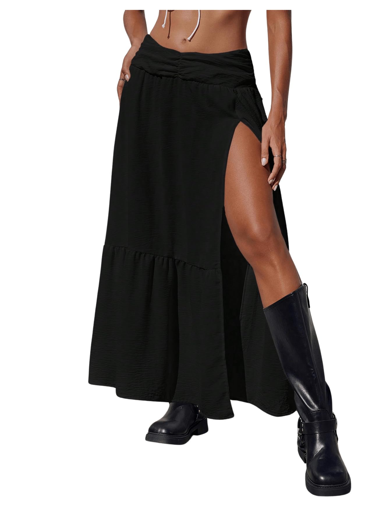 SHENHE Women's Summer Low Rise Maxi Skirt High Slit Ruffle Hem Flowy Boho Long Skirt