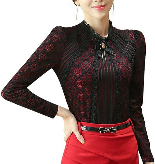 SansoiSan Women's Vintage Beaded Buttons Pleated Shirt Long Sleeve Lace Stretchy Blouse