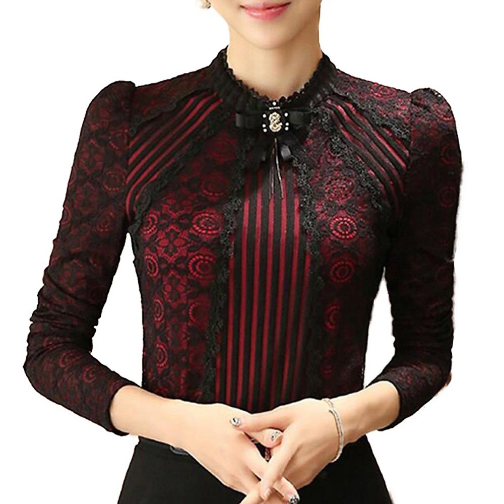 SansoiSan Women's Vintage Beaded Buttons Pleated Shirt Long Sleeve Lace Stretchy Blouse