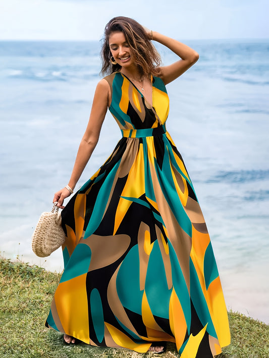 New Summer Women's V-Neck Geometric Print Dress YT