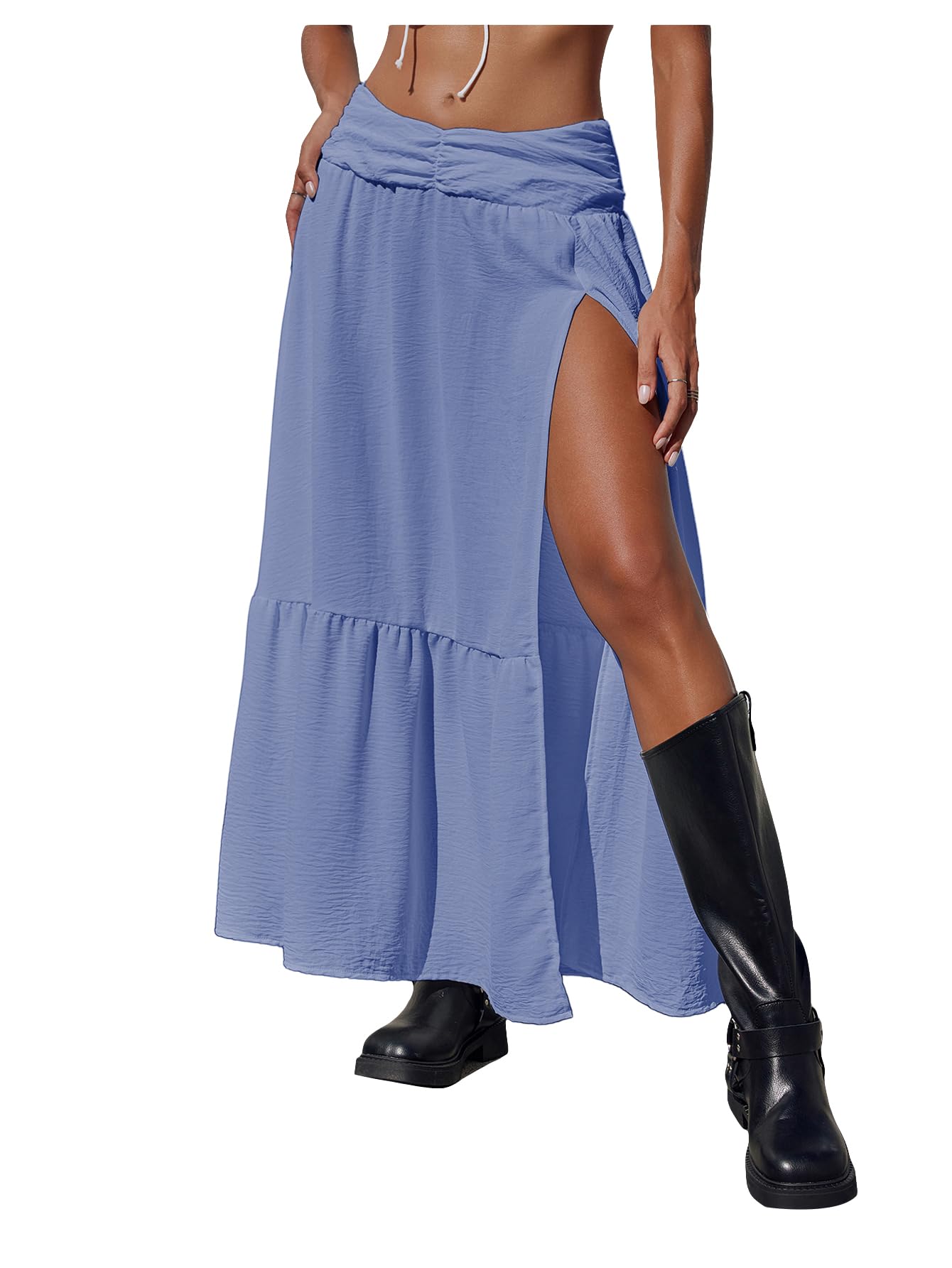 SHENHE Women's Summer Low Rise Maxi Skirt High Slit Ruffle Hem Flowy Boho Long Skirt