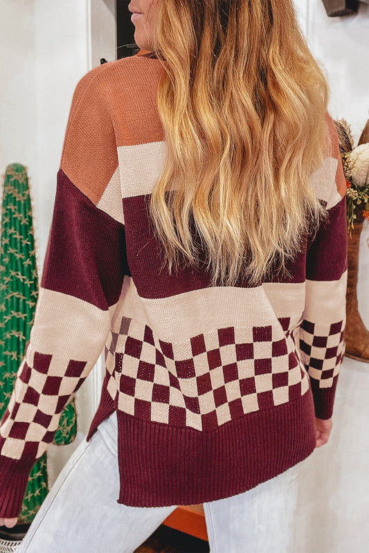 Brown Checkered Colorblock Knitted Drop Shoulder Sweater