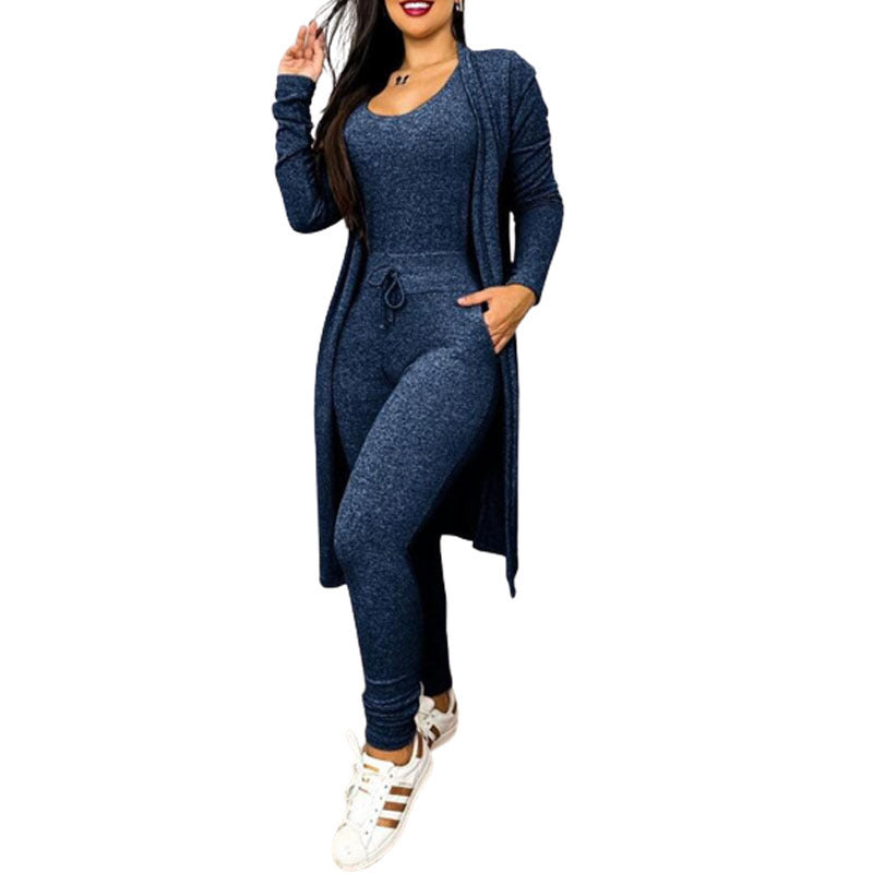 Women's Casual 2-Piece Set – High-Waist Jumpsuit with Drawstring Pockets & Matching Cardigan Cover