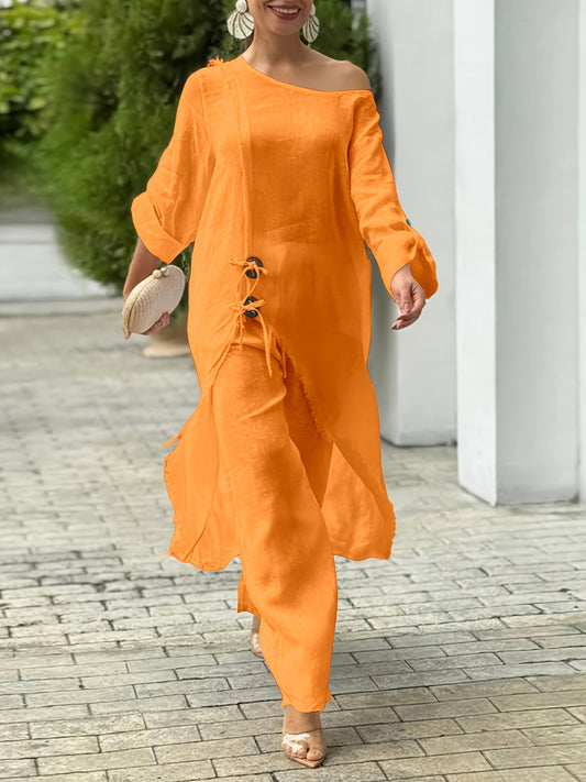 2pcs Strapless Long Sleeve Tie Slit Top And Casual Wide Leg Pants Set