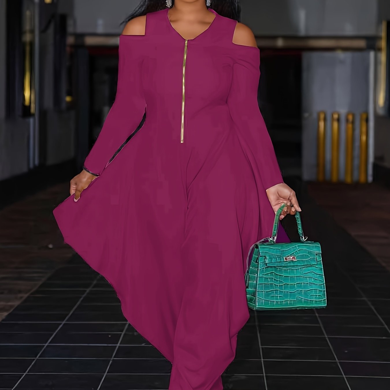 Fashionable Solid Color Off-Shoulder Zip-Up Jumpsuit
