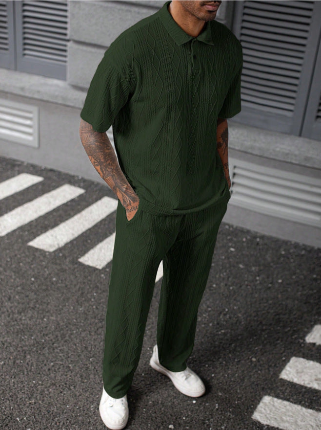 Men's Jacquard Texture Polo Shirt & Shorts Two-Piece Set