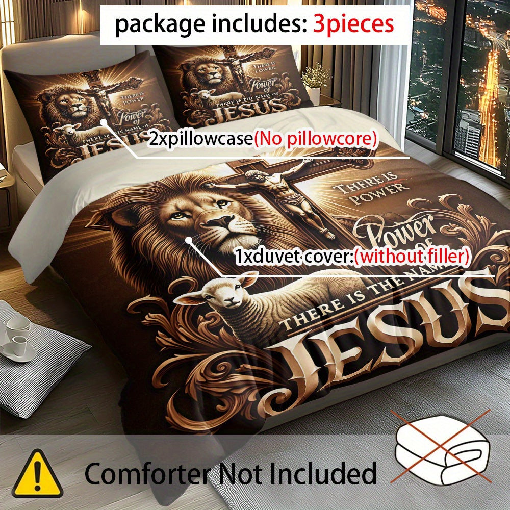 Majestic Lion Cross Jesus Pattern Duvet Cover Set
