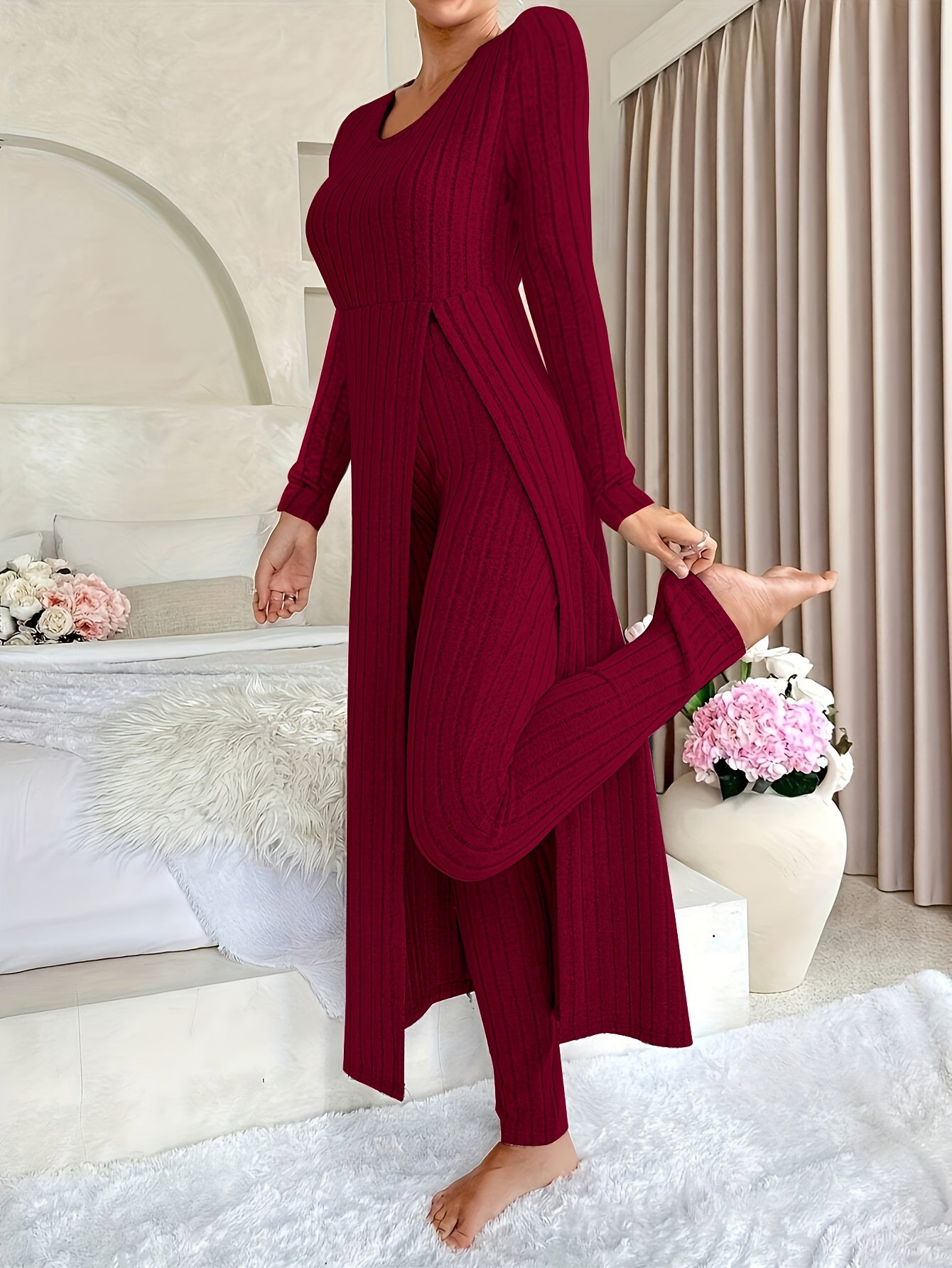 Two-piece Set of Long-sleeved Ribbed Top and Pants for Women