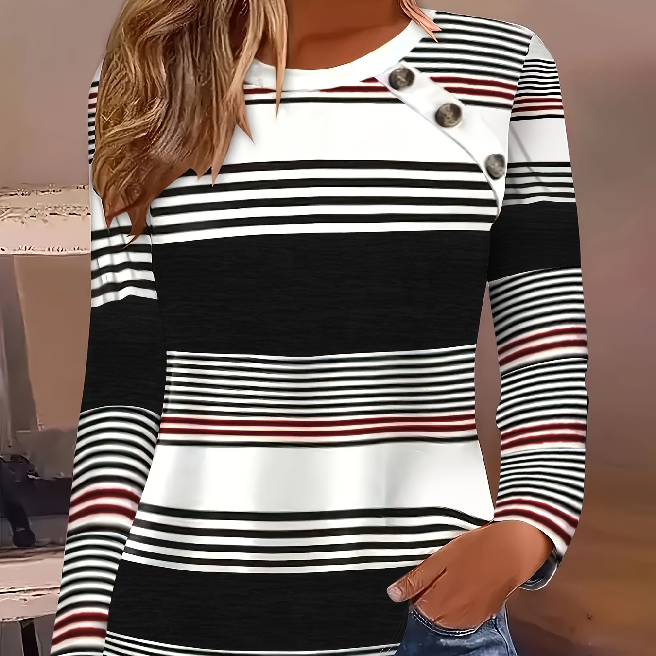 Striped Contrast Button T-Shirt – Long Sleeve Casual Tee for Women