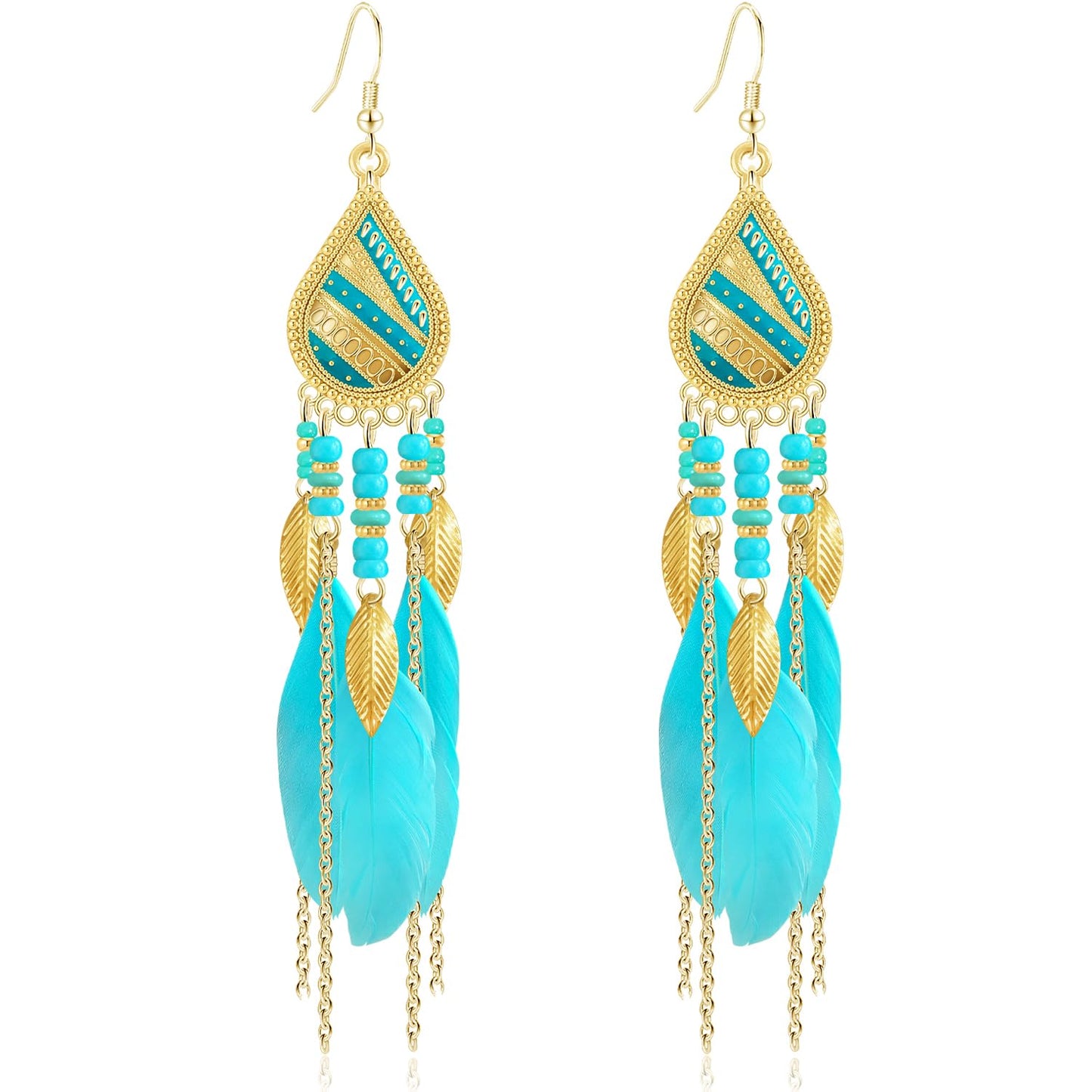 Bohemian National Style 14K Gold Teardrop Feather Fringe Lightweight Dangle Drop Earrings Retro Tassel Beaded Hook Earrings For Women Jewelry Gifts