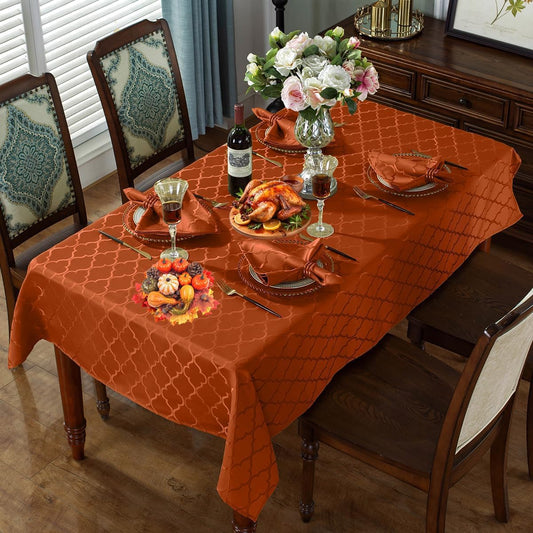 SASTYBALE Rust Jacquard Damask Tablecloth - 52x52 Inch Square (Fits 2-4 Seats) - Fall Thanksgiving Decor - Water Resistant, Wrinkle-Free Polyester Fabric, Rustic Harvest Dining Cover for Parties