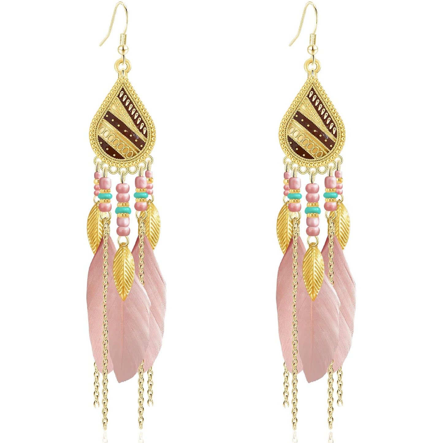 Bohemian National Style 14K Gold Teardrop Feather Fringe Lightweight Dangle Drop Earrings Retro Tassel Beaded Hook Earrings For Women Jewelry Gifts