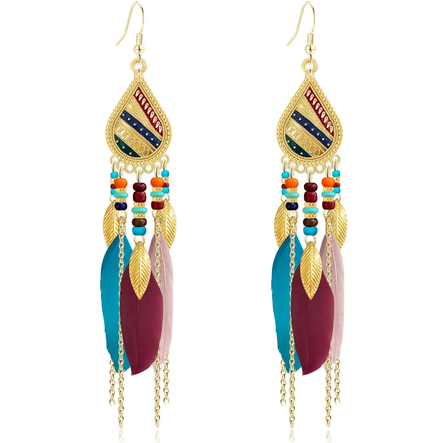 Bohemian National Style 14K Gold Teardrop Feather Fringe Lightweight Dangle Drop Earrings Retro Tassel Beaded Hook Earrings For Women Jewelry Gifts