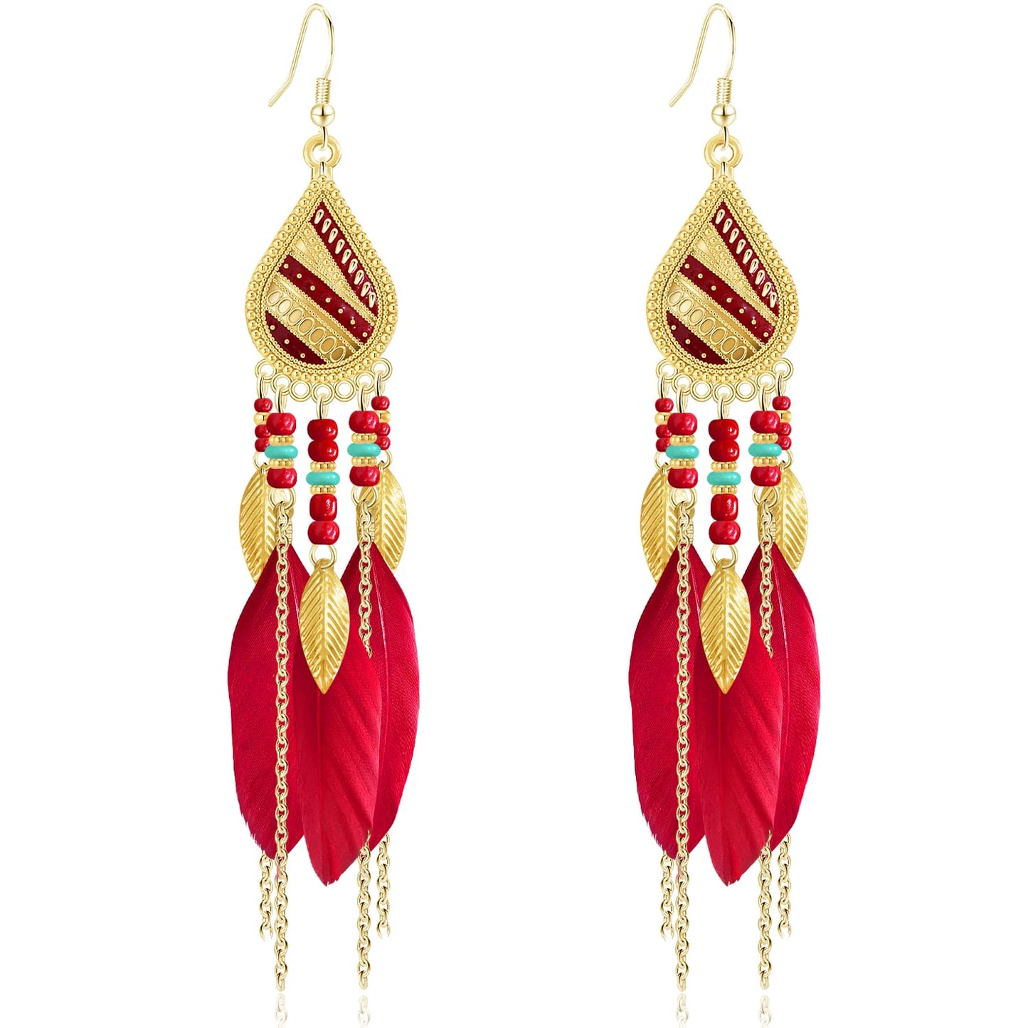 Bohemian National Style 14K Gold Teardrop Feather Fringe Lightweight Dangle Drop Earrings Retro Tassel Beaded Hook Earrings For Women Jewelry Gifts