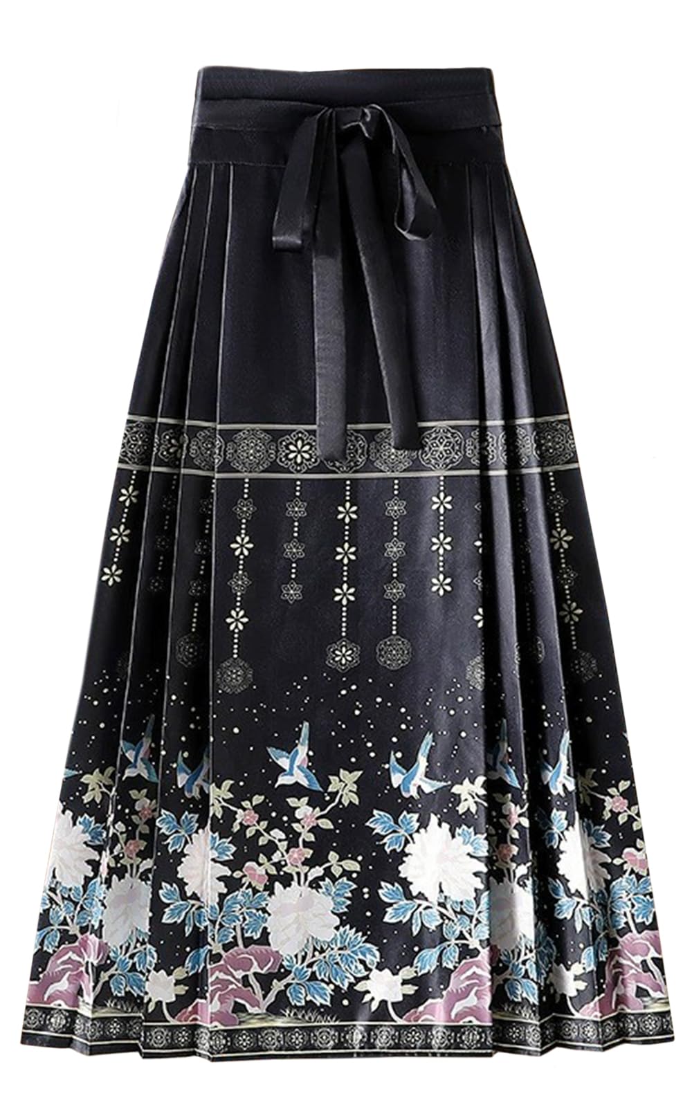 Women Horse Face Skirt Seft Tie Print Elegant Vintage Long Swing Maxi Pleated Skirts Chinese Traditional Hanfu Mamianqun