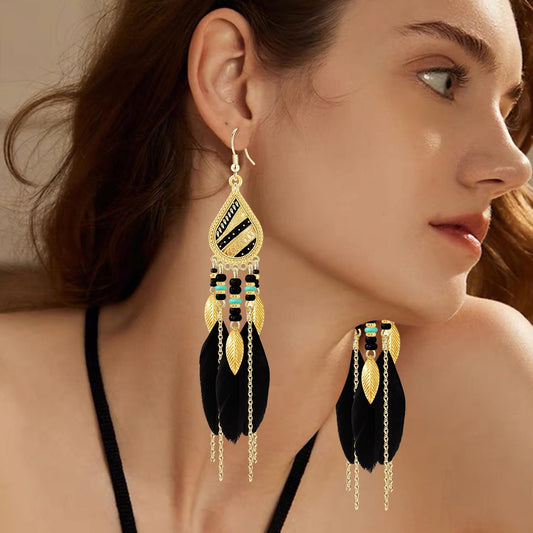 Bohemian National Style 14K Gold Teardrop Feather Fringe Lightweight Dangle Drop Earrings Retro Tassel Beaded Hook Earrings For Women Jewelry Gifts