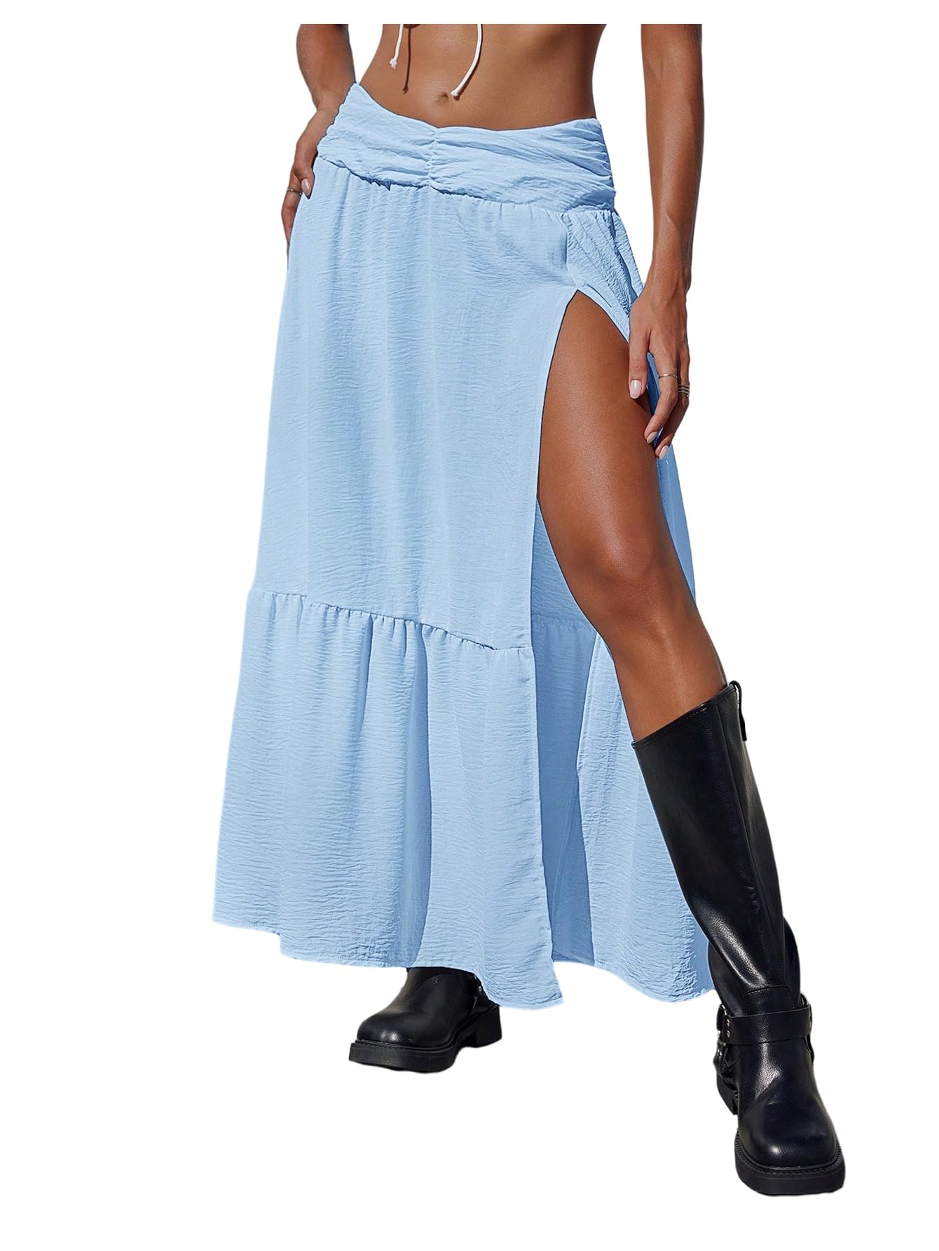 SHENHE Women's Summer Low Rise Maxi Skirt High Slit Ruffle Hem Flowy Boho Long Skirt