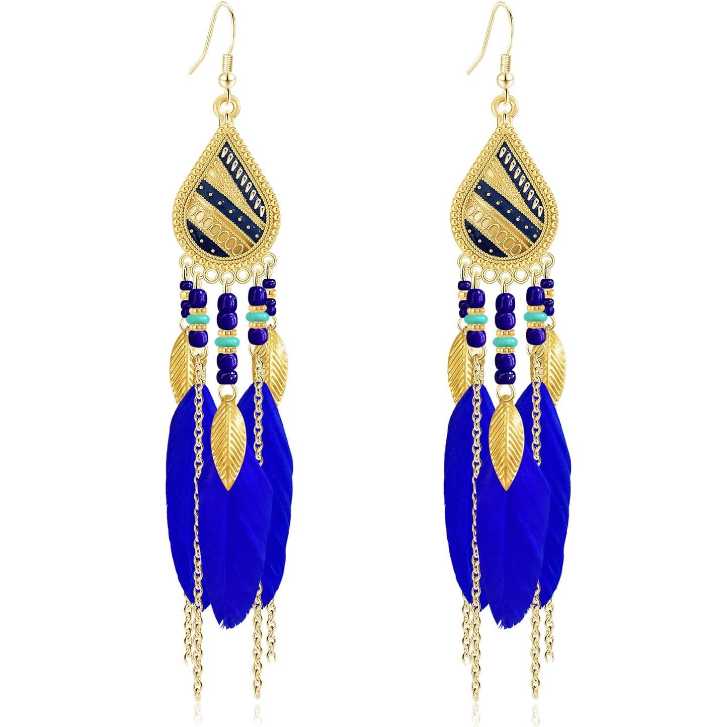 Bohemian National Style 14K Gold Teardrop Feather Fringe Lightweight Dangle Drop Earrings Retro Tassel Beaded Hook Earrings For Women Jewelry Gifts