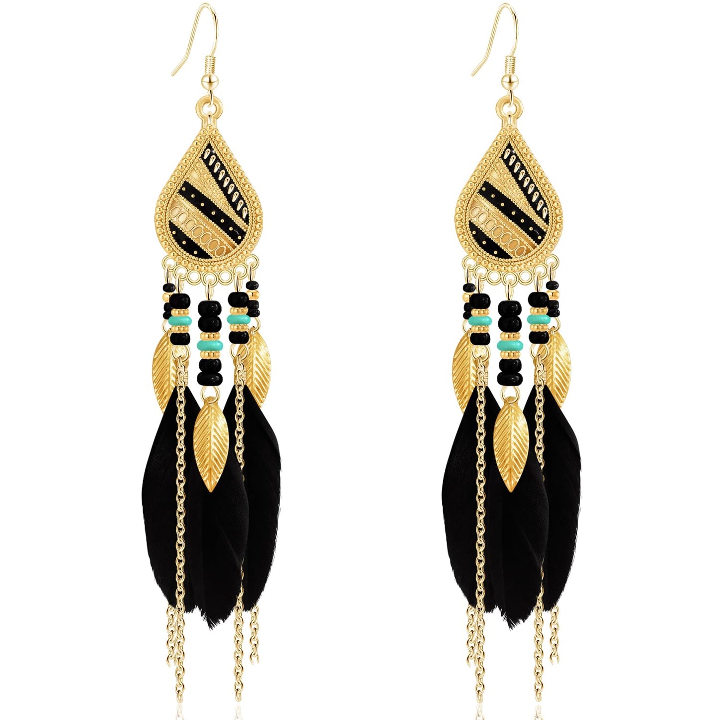 Bohemian National Style 14K Gold Teardrop Feather Fringe Lightweight Dangle Drop Earrings Retro Tassel Beaded Hook Earrings For Women Jewelry Gifts