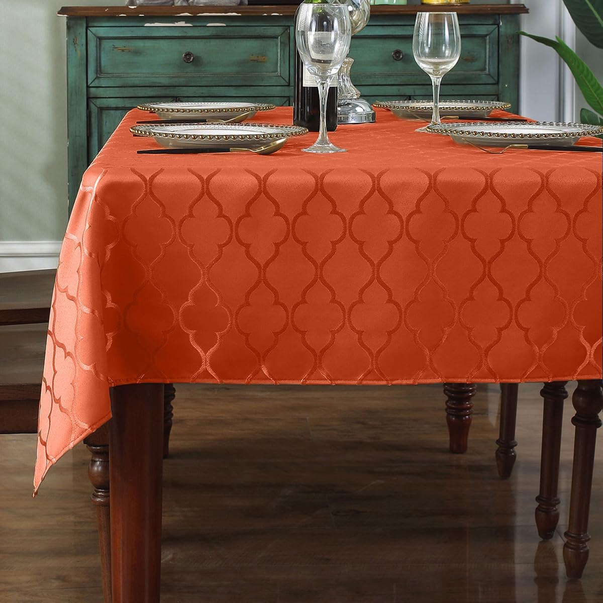 SASTYBALE Rust Jacquard Damask Tablecloth - 52x52 Inch Square (Fits 2-4 Seats) - Fall Thanksgiving Decor - Water Resistant, Wrinkle-Free Polyester Fabric, Rustic Harvest Dining Cover for Parties