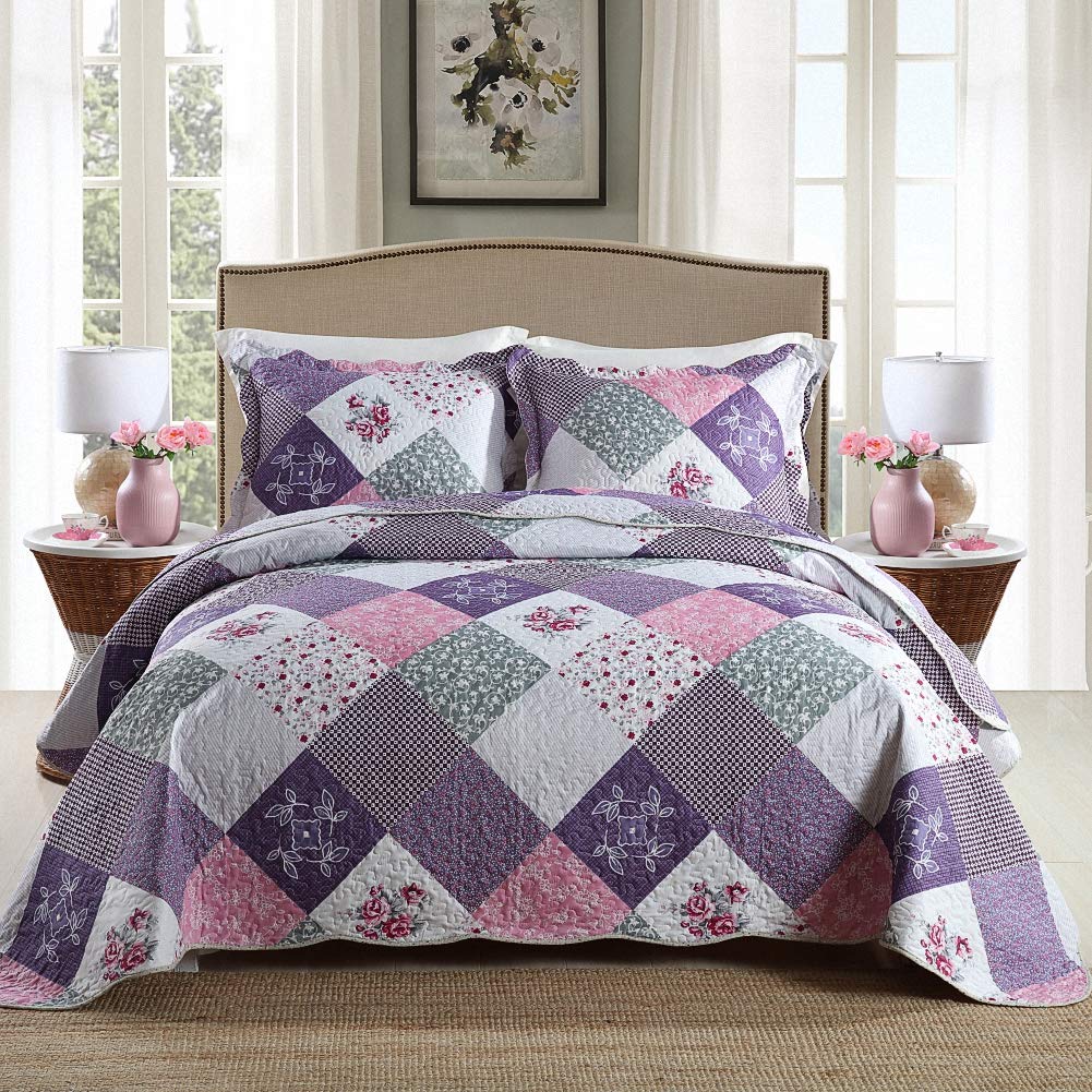 NEWLAKE Quilt Bedspread Sets-Checkered Floral Reversible Coverlet Set,Queen Size