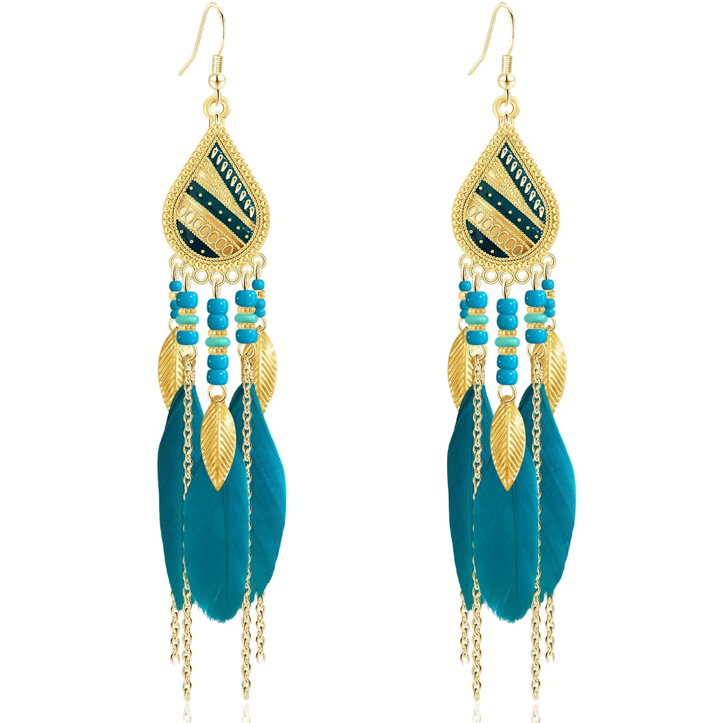 Bohemian National Style 14K Gold Teardrop Feather Fringe Lightweight Dangle Drop Earrings Retro Tassel Beaded Hook Earrings For Women Jewelry Gifts