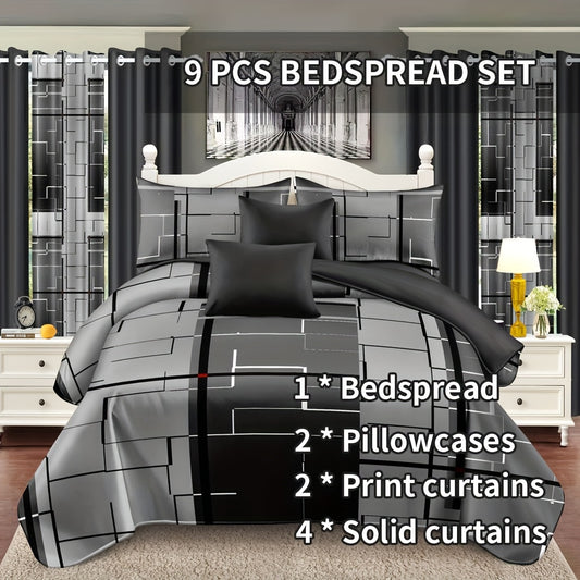 9-Piece Grey Bedding & Curtain Set – Includes Bed Cover, Pillowcases, Printed & Solid Curtains – Queen/King/Cal King Size