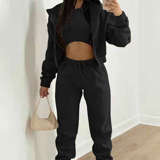 Women's Three-Piece Set Long Pants Loose Casual Hooded Sportswear Suit