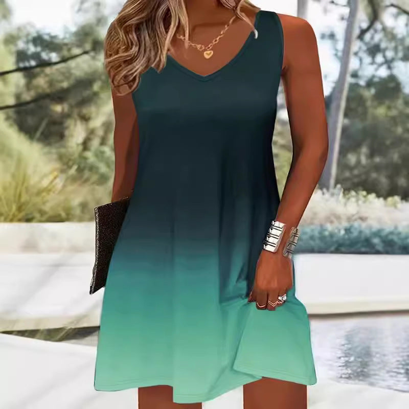 Printed Fashion Casual Sleeveless V-neck Gradient Color Strap Dress