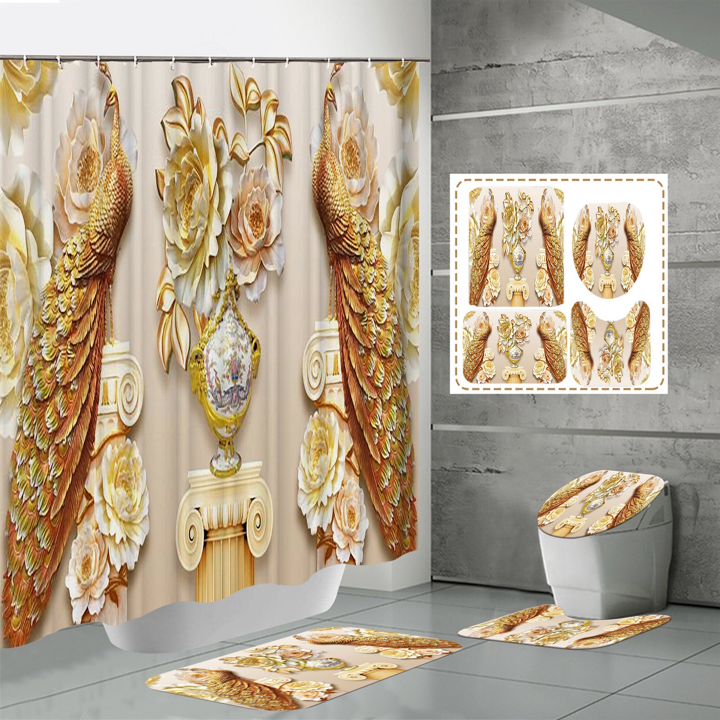 HD Digital Printing Waterproof Polyester Mildew-proof Shower Curtain Suit