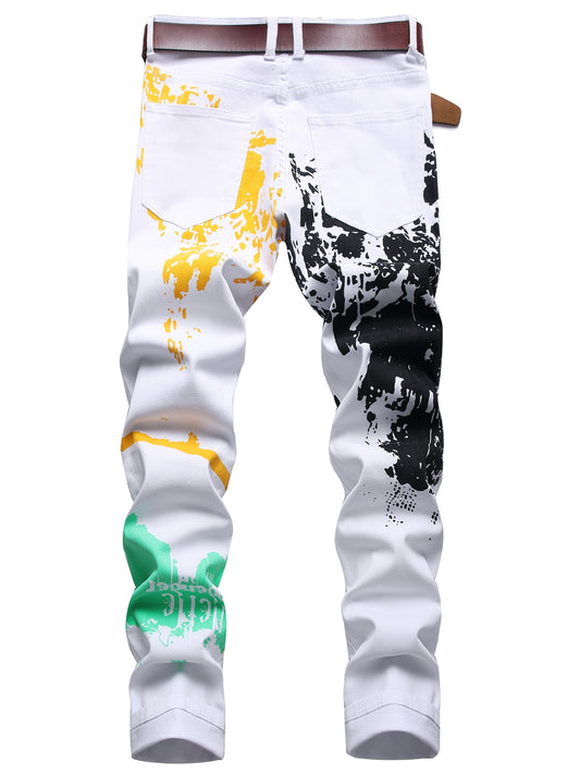 Men's Full-Body Printed White Denim Casual Pants