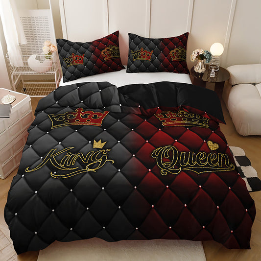 2/3pcs Luxury Dark Red & Gold Crown Duvet Cover Set – King & Queen Design