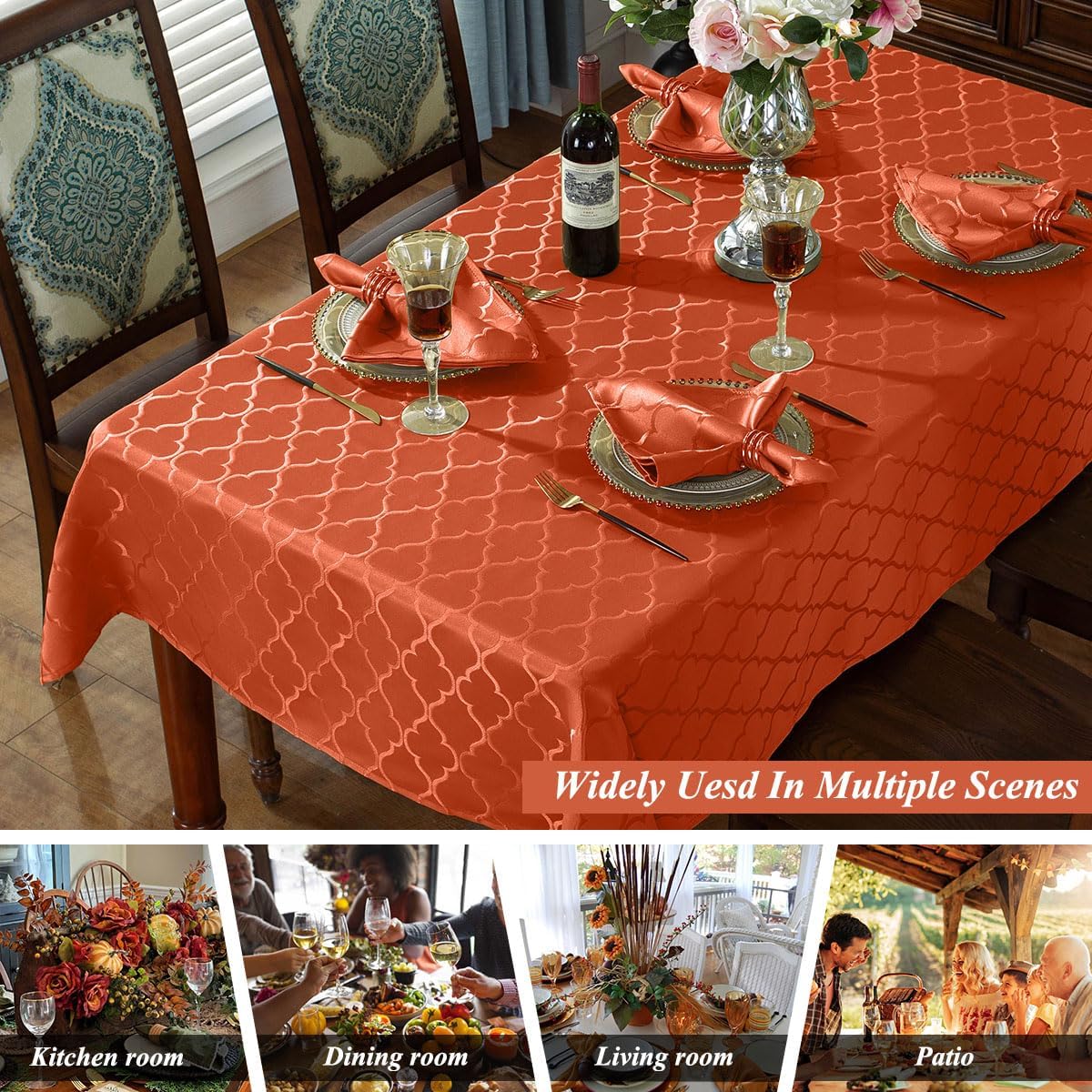 SASTYBALE Rust Jacquard Damask Tablecloth - 52x52 Inch Square (Fits 2-4 Seats) - Fall Thanksgiving Decor - Water Resistant, Wrinkle-Free Polyester Fabric, Rustic Harvest Dining Cover for Parties