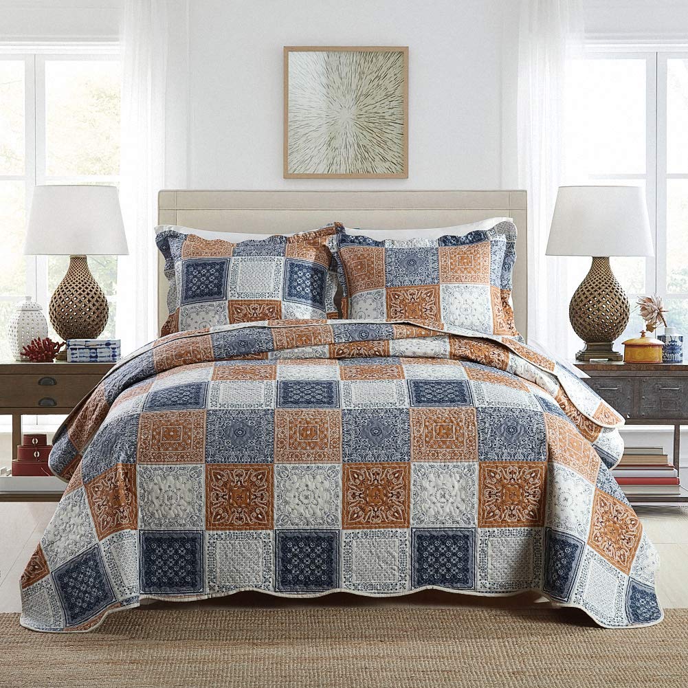 NEWLAKE Quilt Bedspread Sets-Checkered Floral Reversible Coverlet Set,Queen Size